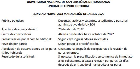 CONVOCATORIA PARA PUBLICACION DE LIBROS 2022